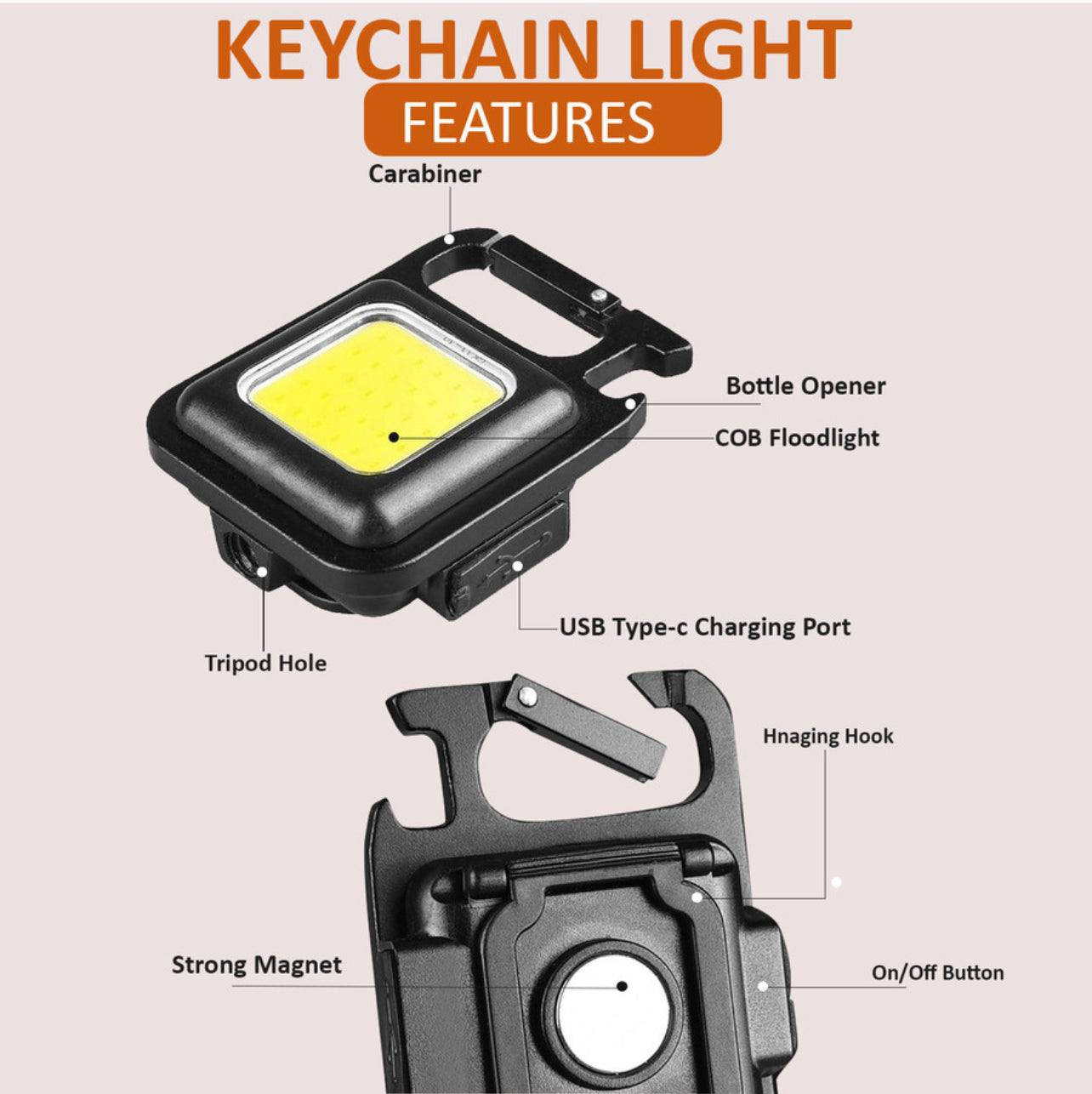 Rechargeable COB Keychain Work Light with 3 Lighting (black)